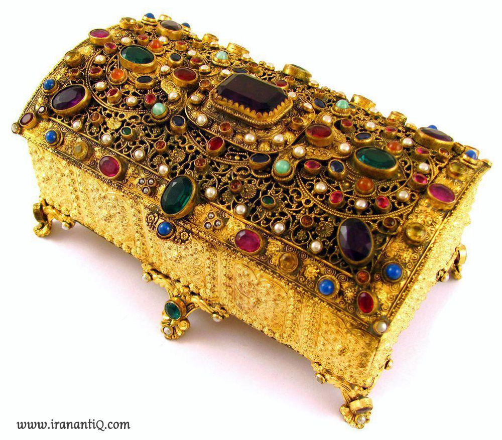 جعبه جواهر مرصع کاری شده با جواهر و سنگ های قیمتی ، 1900 میلادی ، اتریش