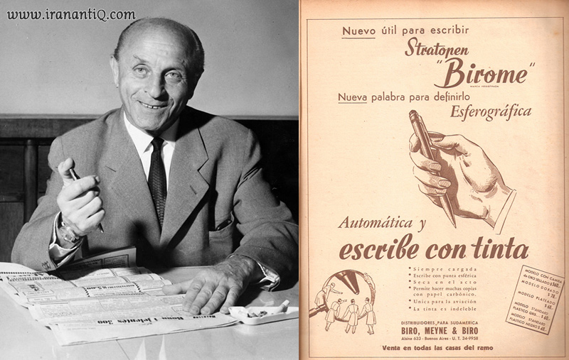 تصویری از لازلو بیرو و پوستر تبلیغاتی خودکاری که اختراع کرد