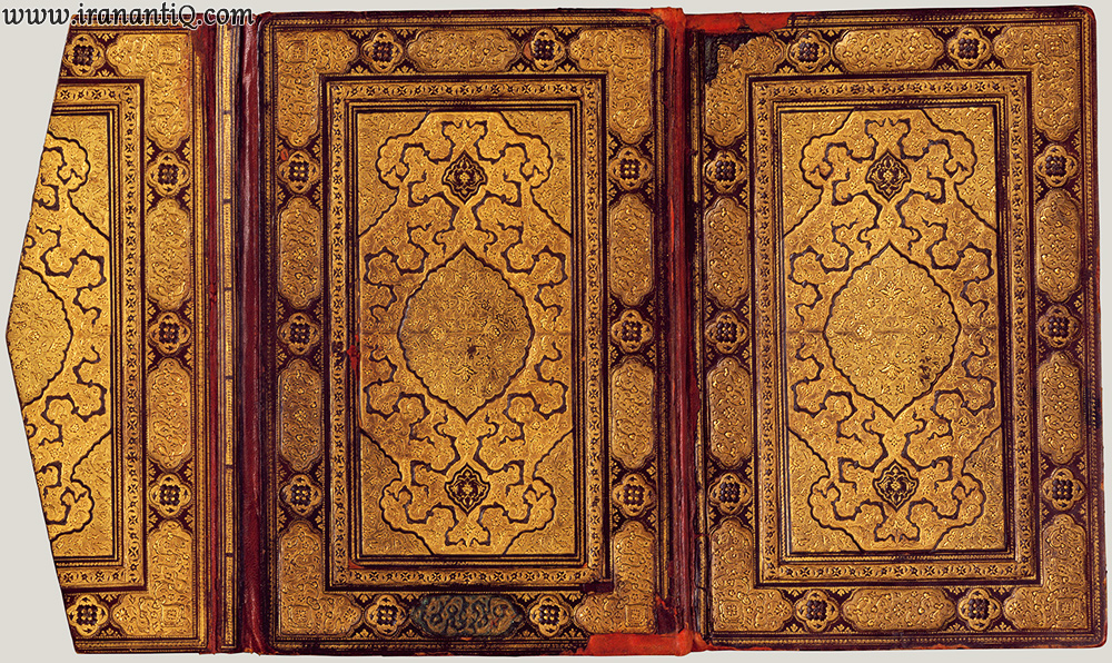 جلد کتاب منطق الطیر عطار ، جلد ضربی ، طلاگاری شده ، مربوط به 1600 کیلادی ، محل نگهداری : موزه متروپولیتن