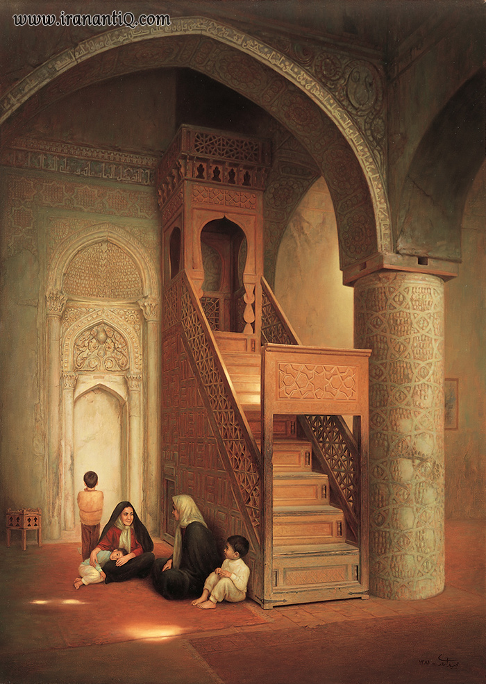 نقاشی از مسجد جامع نائین ؛ منبر منبت مشبک ؛ 711 هجری قمری