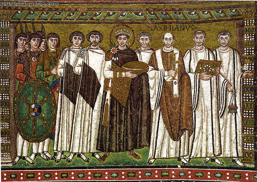 یوستی نیانوس و ملازمانش ، موزاییک کاری ، مذبح کلیسای سان ویتاله ، ایتالیا ، هنر بیزانس