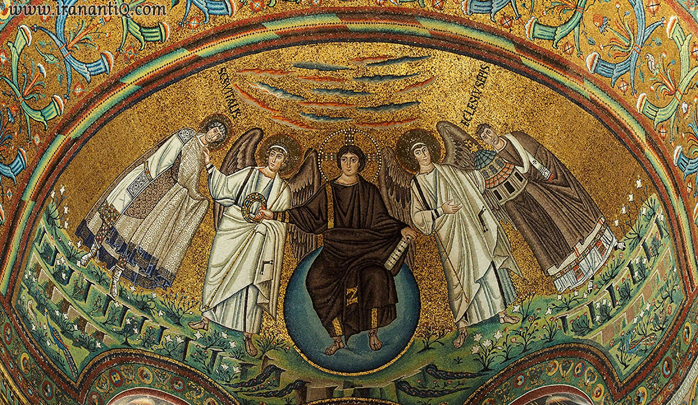 مسیح در میان فرشتگان و قدیسان ، موزاییک کاری ، مذبح کلیسای سن ویتاله ، ایتالیا ، هنر بیزانس