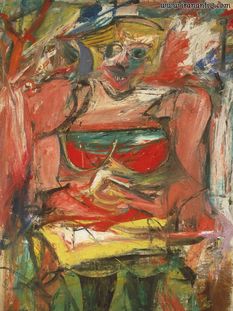 زن ، اثر : ویلهم دکونینگ ، 115×115 سانتی متر ، رنگ روغن روی بوم ، 53-1952 میلادی ، نمایشگاه ملی استرالیا ، سبک : اکسپرسیونیسم انتزاعی