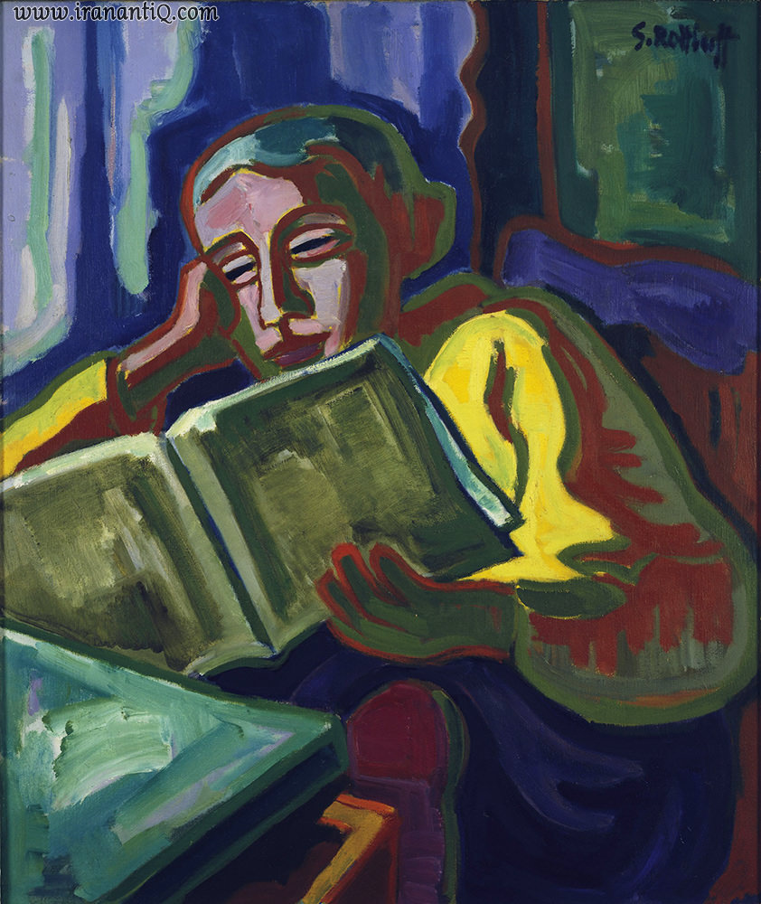 زنی در حال کتاب خواندن ، اثر : کارل اشیمت روتلوف ، 90 × 67 سانتیمتر ، رنگ روغن روی بوم ، 1950 م. ، گروه پل