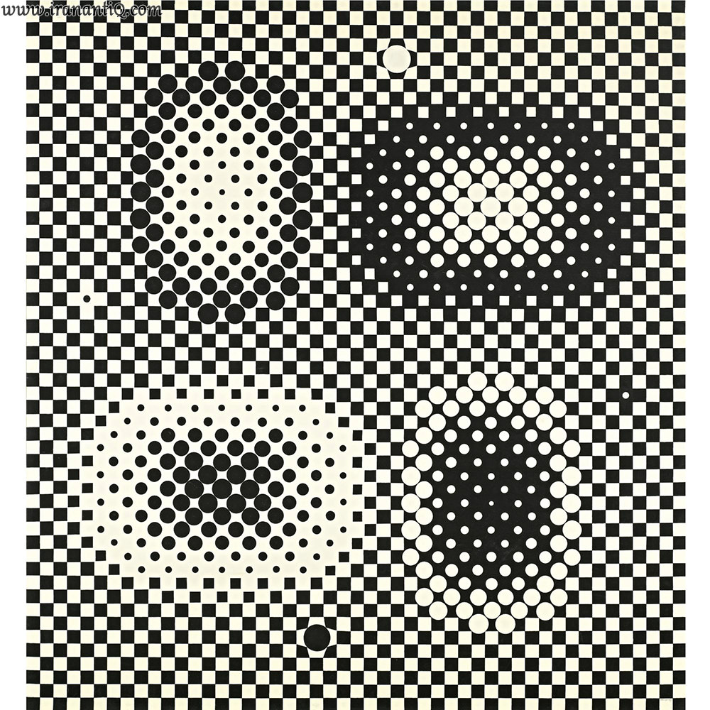 ماورا کهکشان ، ویکتور وازارلی ، رنگ روغن روی بوم ، 147 × 159 سانتی متر ، 1959 میلادی ، سبک : اپ آرت ، محل نگهداری : گالری انیس رنه در پاریس