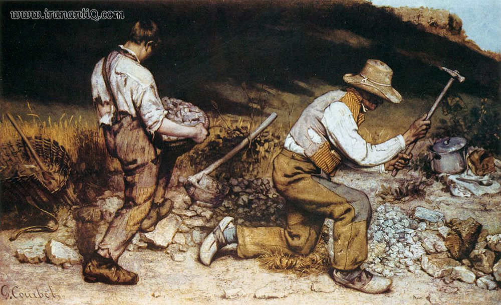 سنگ شکنان ، گوستاو کوربه ، 163 ×235 سانتیمتر ، 1849 م. ، سبک : رئالیسم ، محل نگهداری : نگارخانه دولتی درسدن