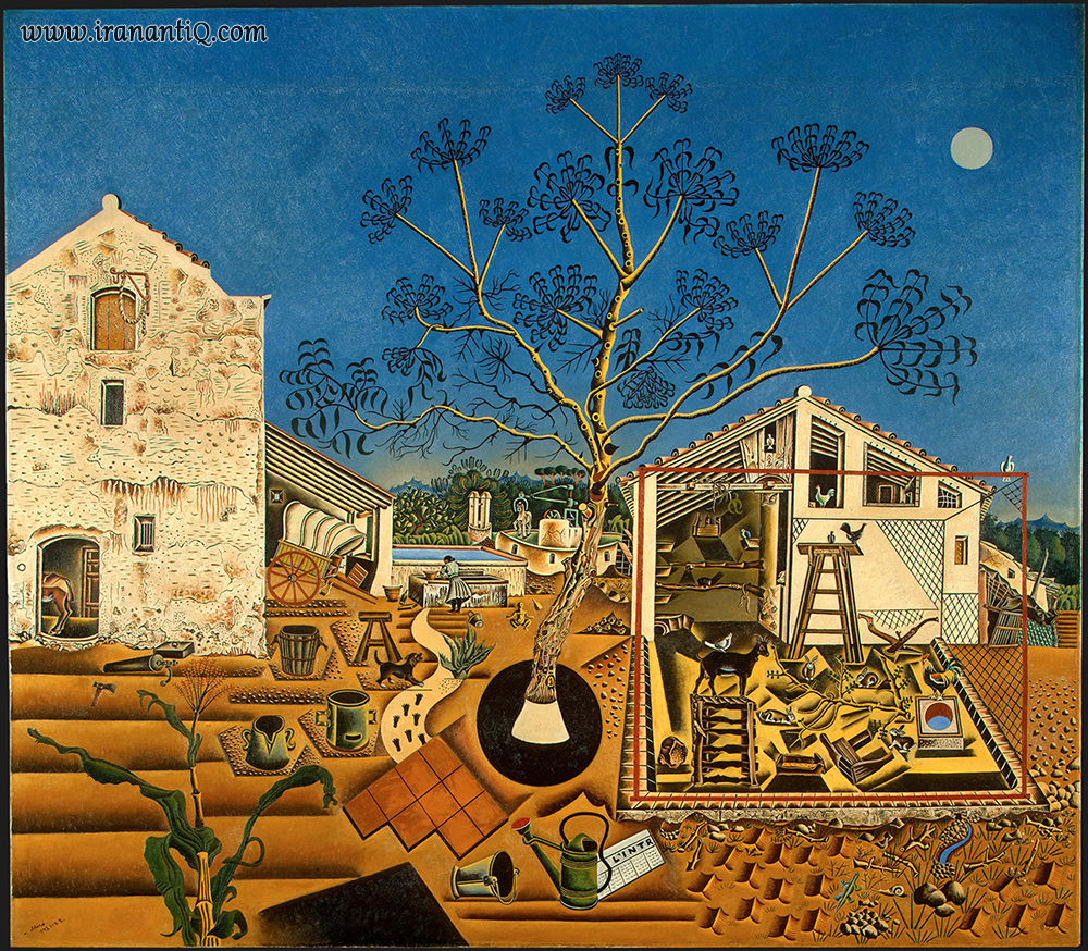 مزرعه ، خوان میرو ، رنگ روغن روی بوم ، 132 × 147 سانتیمتر ، 22-1921 م. ، محل نگهداری : کلکسیون همسر ارنست همینگوی در نیویورک 