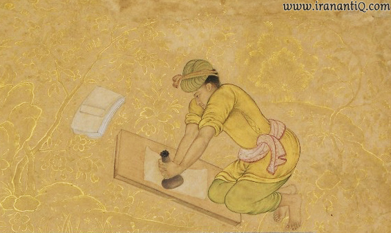 نقاشی از فردی در حال مهره کشیدن بر کاغذ ، برگرفته از مرقع گلشن