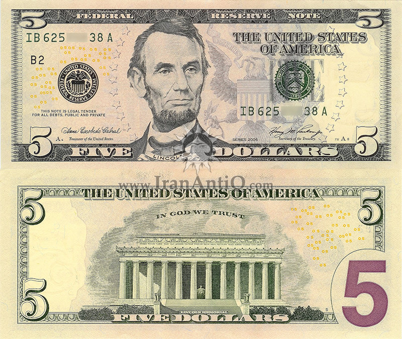 5 دلار فدرال رزرو - لینکلن - عقاب نشان