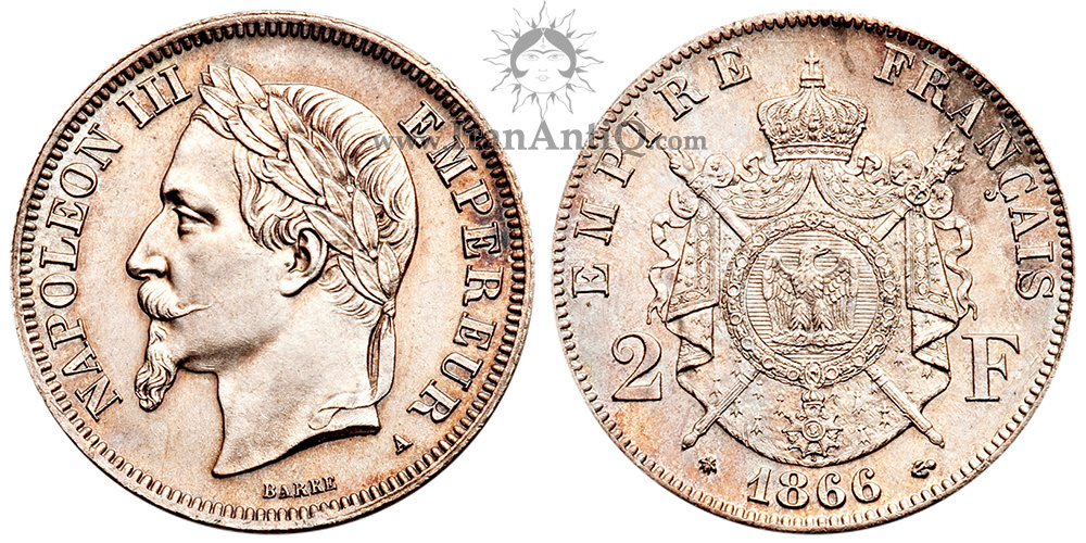 سکه 2 فرانک ناپلئون سوم - با سربند
