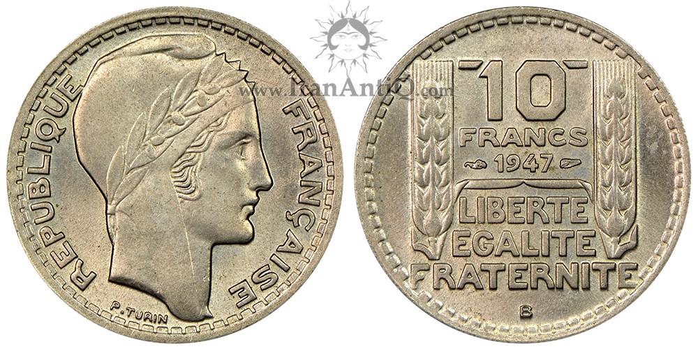 سکه 10 فرانک نیکل جمهوری سوم و چهارم - الهه ماریان با سربند