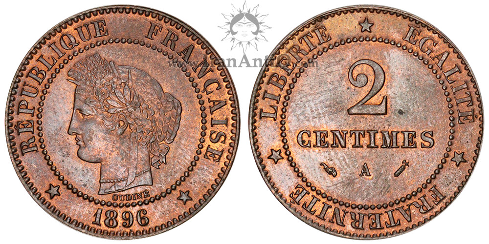 سکه 2 سانتیم جمهوری سوم - الهه سرس
