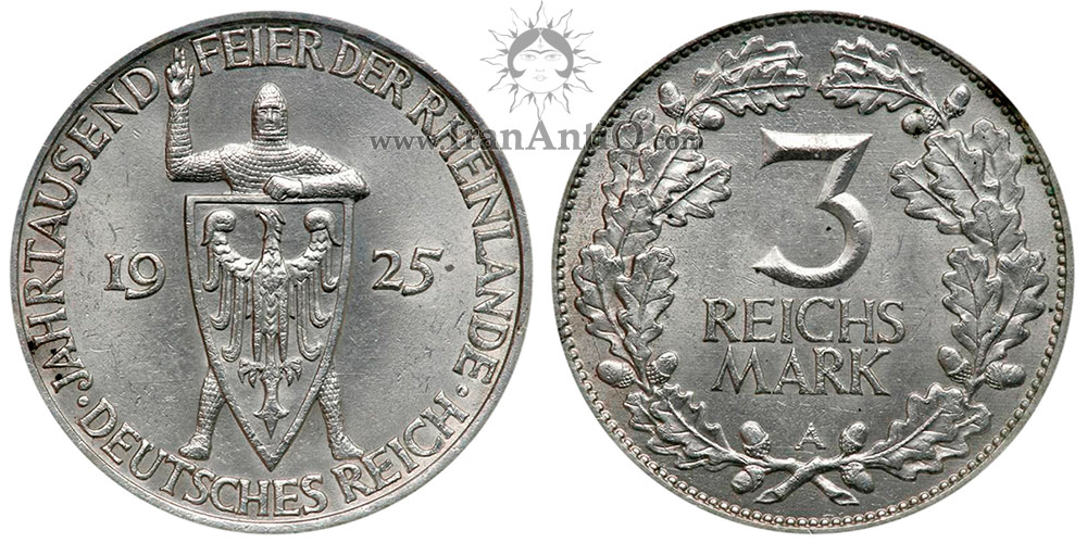 سکه 3 رایش مارک جمهوری وایمار - راینلاند