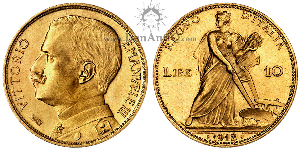 سکه 10 لیره طلا ویکتور امانوئل سوم - پیکره زن
