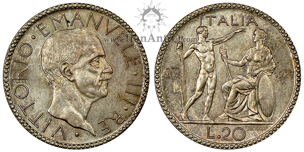 سکه 20 لیره ویکتور امانوئل سوم - تبر دار و پیکره زن (نماد ایتالیا)