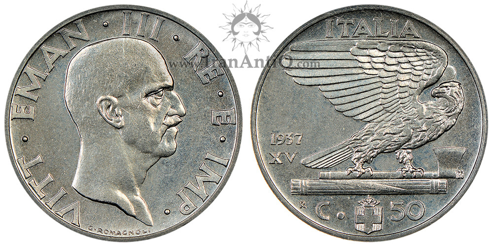 سکه 50 سنتسیمو ویکتور امانوئل سوم - با طرح عقاب