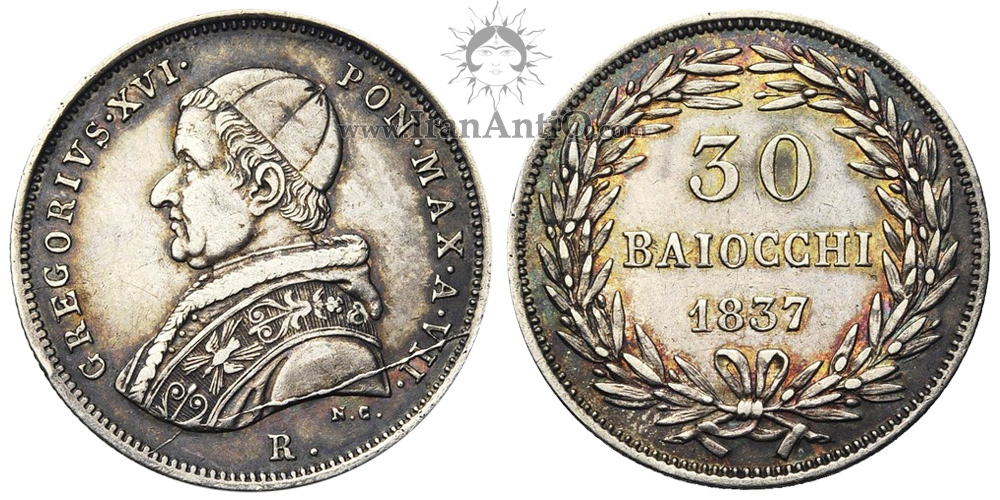 سکه 30 بایوکی گریگوری شانزدهم - تاجی از برگ