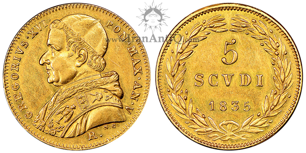 سکه 5 اسکودو طلا گریگوری شانزدهم - تاجی از برگ