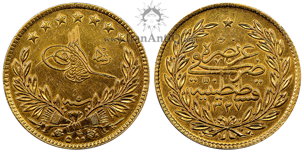 سکه 500 کروش طلا سلطان محمد پنجم - تاج زیتون
