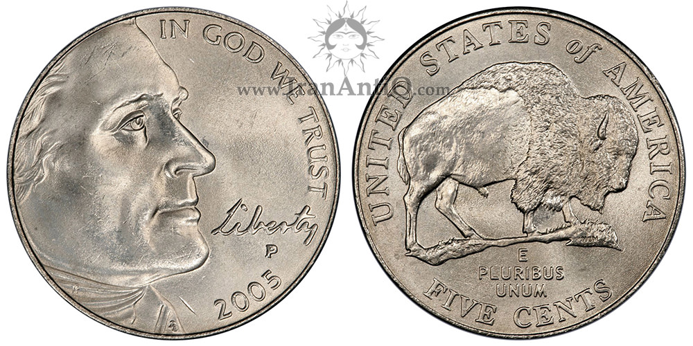 سکه پنج سنت جفرسون - یادبود توسعه غرب - تصویر پشت سکه : گونه ای از بوفالو