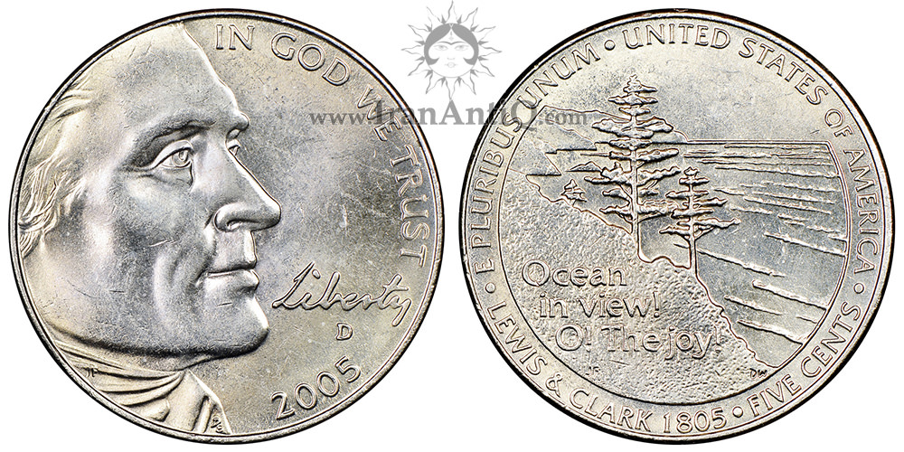 سکه پنج سنت جفرسون - یادبود توسعه غرب - تصویر پشت سکه : ساحل اقیانوس آرام