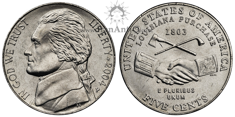 سکه پنج سنت جفرسون - یادبود توسعه غرب - تصویر پشت سکه : پیپ ، تبر  و دو دست به هم فشرده.