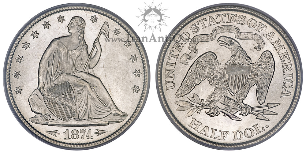 سکه نیم دلار نماد آزادی نشسته - تراست و فلش کنار تاریخ