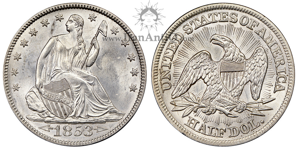 سکه نیم دلار نماد آزادی نشسته - فلش کنار تاریخ و پرتو