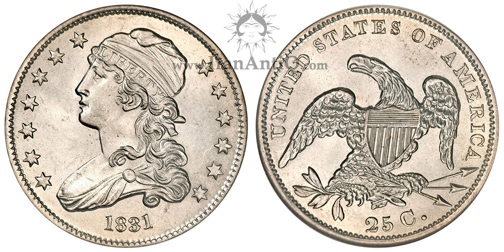 سکه کوارتر دلار نماد آزادی با کلاه - بدون نوشته لاتین - Liberty Cap Quarter Dollar - e Pluribus unum removed