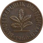 سکه 2 فینیگ 1960D جمهوری فدرال - EF45 - آلمان