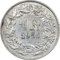 سکه 1/2 فرانک 1951 دولت فدرال - AU55 - سوئیس