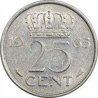 سکه 25 سنت 1965 یولیانا - AU55 - هلند