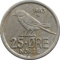 سکه 25 اوره 1963 اولاف پنجم - VF30 - نروژ