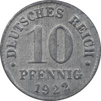 سکه 10 فینیگ 1922 ویلهلم دوم - EF - آلمان
