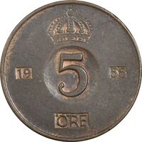 سکه 5 اوره 1955 گوستاو ششم - EF45 - سوئد