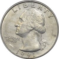 سکه کوارتر دلار 1991D واشنگتن - AU50 - آمریکا