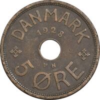 سکه 5 اوره 1928 کریستیان دهم - VF35 - دانمارک