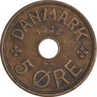 سکه 5 اوره 1938 کریستیان دهم - EF40 - دانمارک