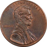 سکه 1 سنت 1998D لینکلن - AU55 - آمریکا