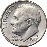 سکه 1 دایم 1988D روزولت - AU50 - آمریکا