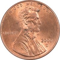 سکه 1 سنت 2000D لینکلن - MS65 - آمریکا