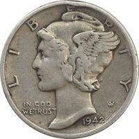 سکه 1 دایم 1942S مرکوری - VF30 - آمریکا