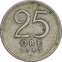 سکه 25 اوره 1943 گوستاو پنجم - EF45 - سوئد