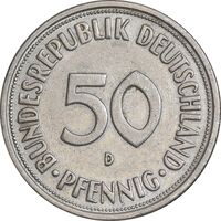 سکه 50 فینیگ 1950D جمهوری فدرال - EF45 - آلمان