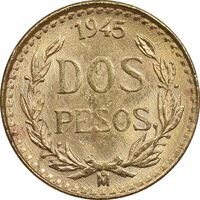 سکه طلا 2 پزو نشان قدیم مکزیک 1945 - MS63 - مکزیک