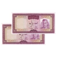 اسکناس 100 ریال (آموزگار - سمیعی) نوشته قرمز - جفت - UNC63 - محمد رضا شاه