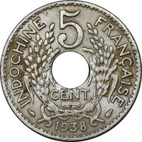 سکه 5 سانتیم 1938 جمهوری سوم - EF40 - هندوچین فرانسه