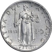 سکه 5 لیره 1952 پیوس دوازدهم - AU50 - واتیکان
