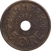 سکه 5 اوره 1932 کریستیان دهم - EF45 - دانمارک