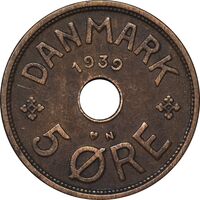 سکه 5 اوره 1939 کریستیان دهم - EF45 - دانمارک